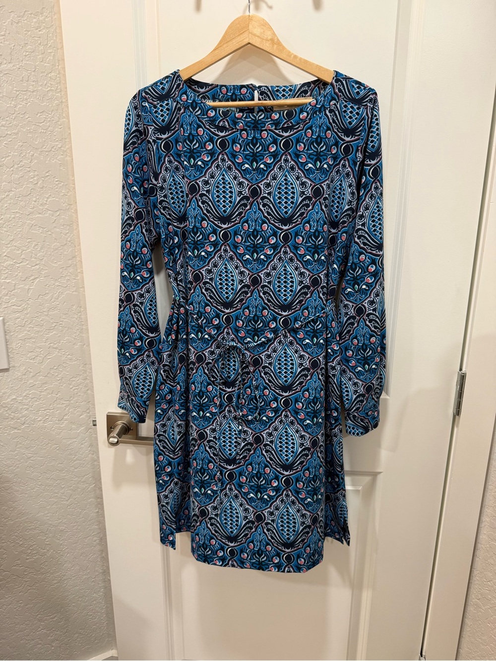 LOFT Blue Baroque Medallion Tie Waist Long Sleeve Shift Dress  Preppy Office